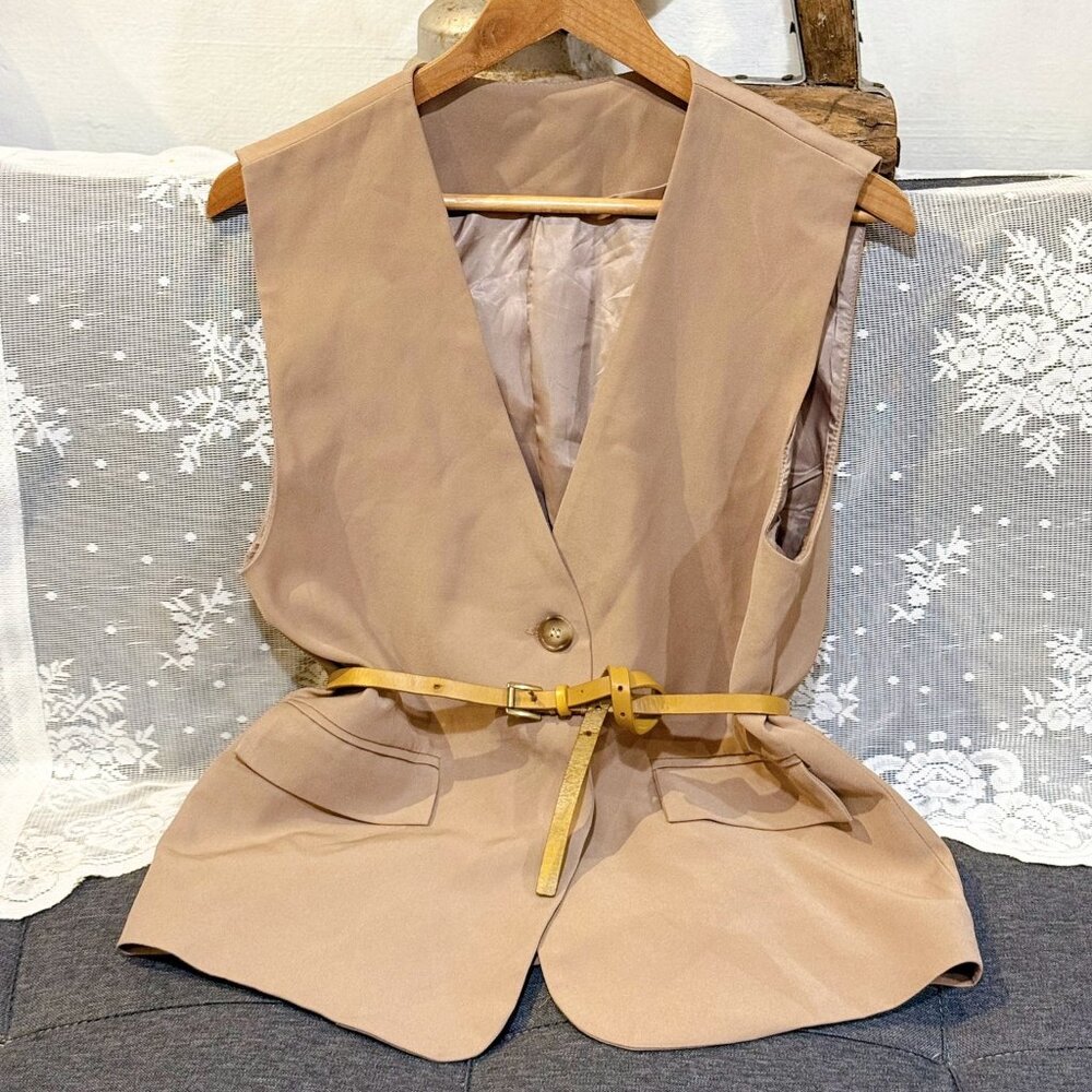 Beige Tan Belted Longline Blazer Vest V-Neck Single Button Waistcoat